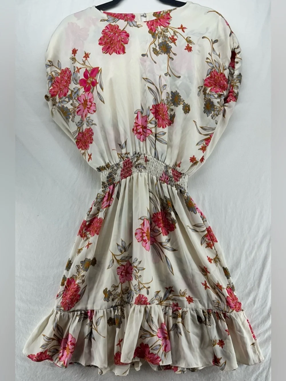 Misa Los Angeles Paulina Dress Size M Cream Pink Floral Ruffle Hem Draped Sleeve - Picture 2 of 7